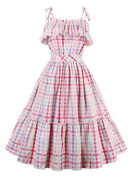 

Lolita Girl Summer Dress Plus Size Party Women Midi Dresses Vintage Retro Aline Plaid Print Lacework Female Fashion Cute Dress