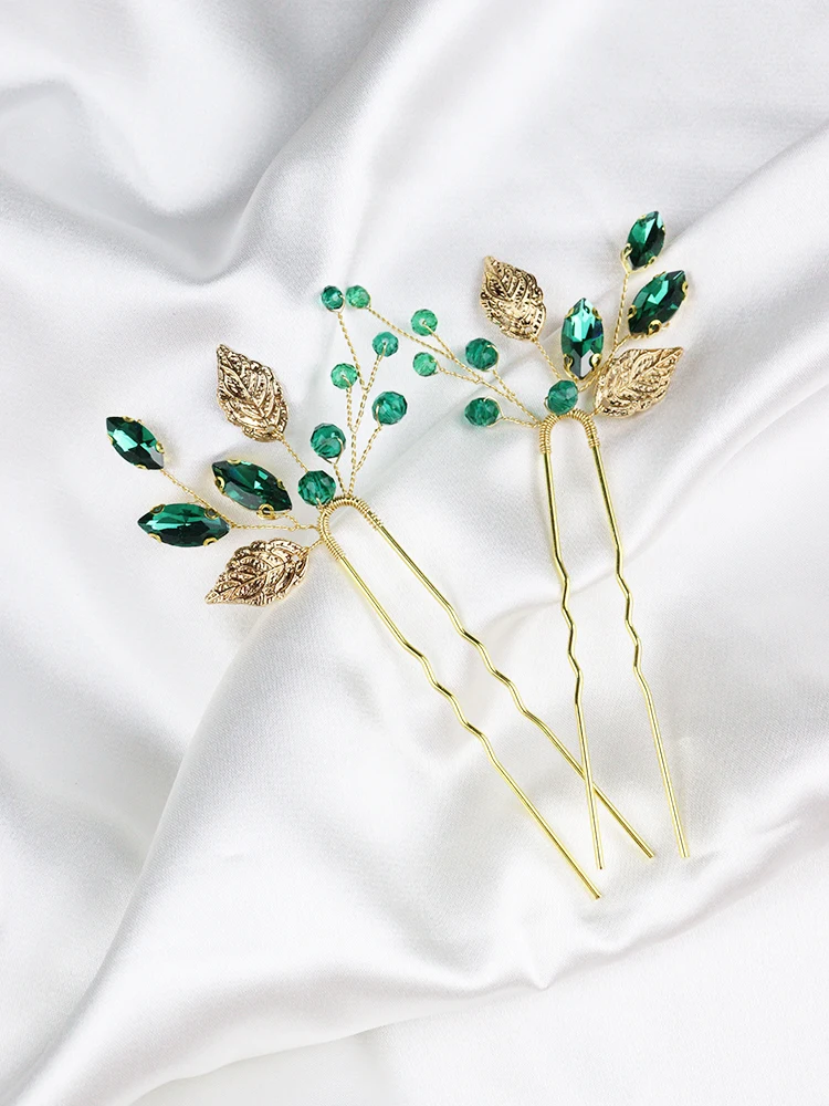 Green Rhinestones Wedding Hairpins Gold Leaves Bridal Hair Clips Prom Banquet Women Hair Accessories Festival Jewelry hair accessories,bridal hair accessories