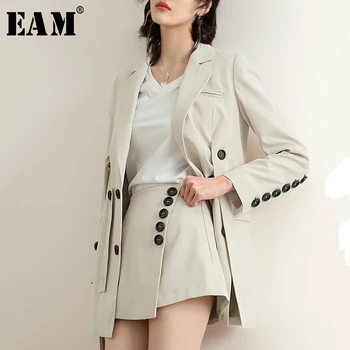 

[EAM] 2020 New Spring Summer Lapel Long Sleeve Beige Brief Button Split Joint Loose Jacket Women Coat Fashion Tide JQ290