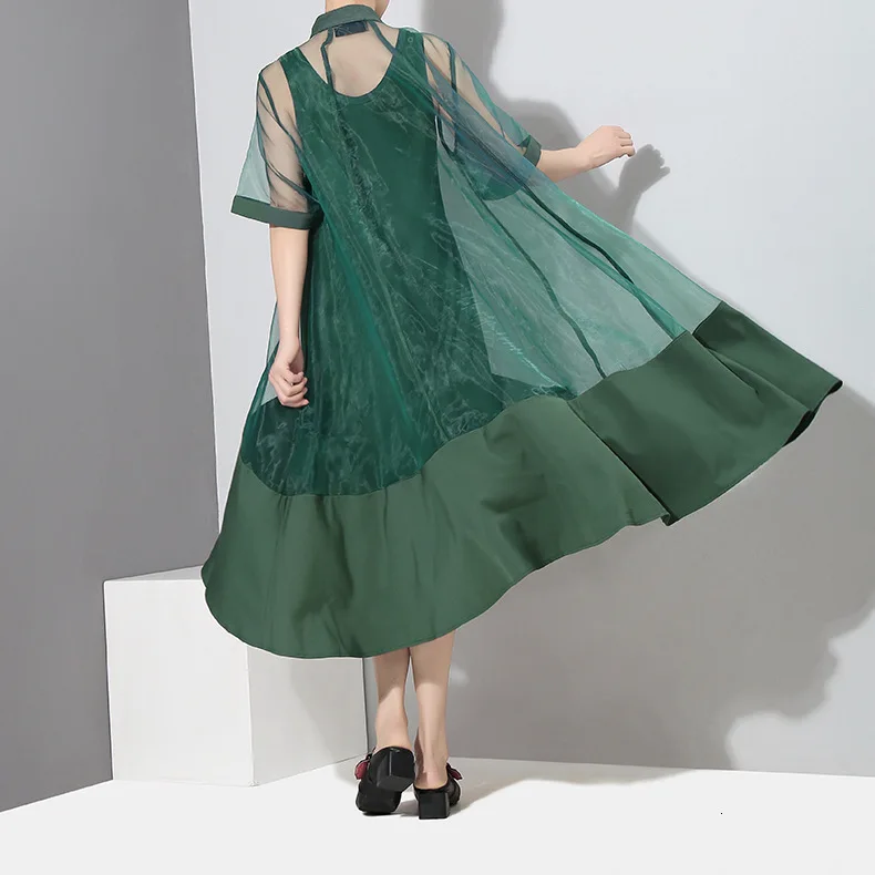 [EAM] Новое весенне-летнее платье с воротником-стойкой и коротким рукавом, зеленое платье из органзы с неровным подолом, женское модное платье из двух частей JT581