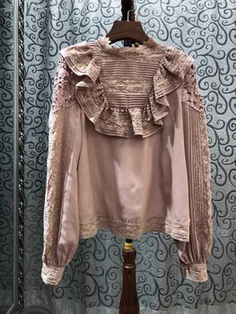 

2019 Winter New Arrival Fashion Elegant Puff Long Sleeve Solid Color Cotton Designer Shirt with Cut Ruffles 2 Color Available