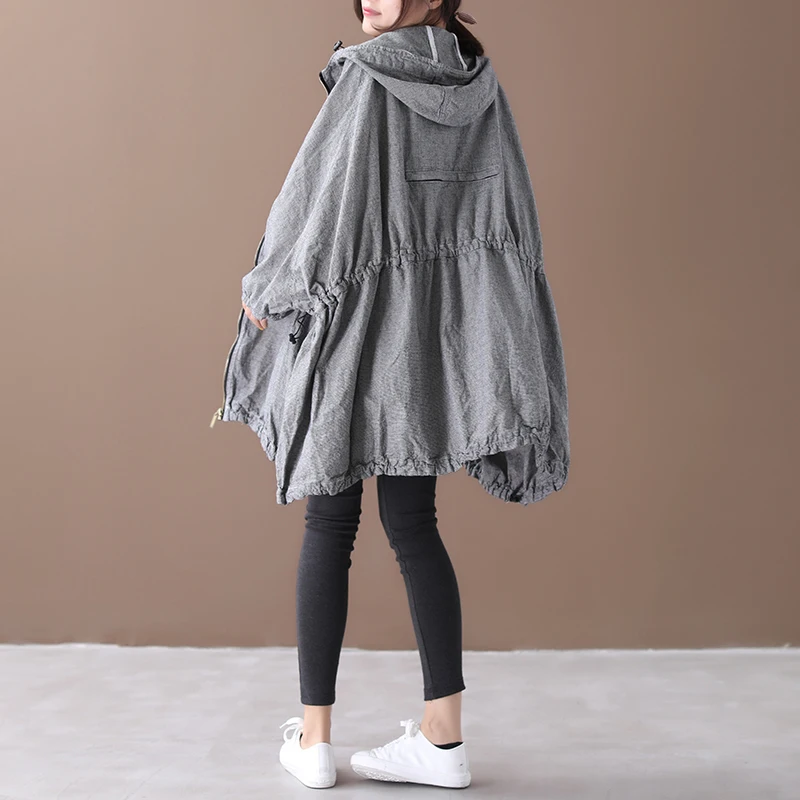 [EWQ] Autumn New Pattern Office Lady Style A-line Loose Full Sleeve Solid Color Zipper Hooded Collar Windbreak Coat AF890