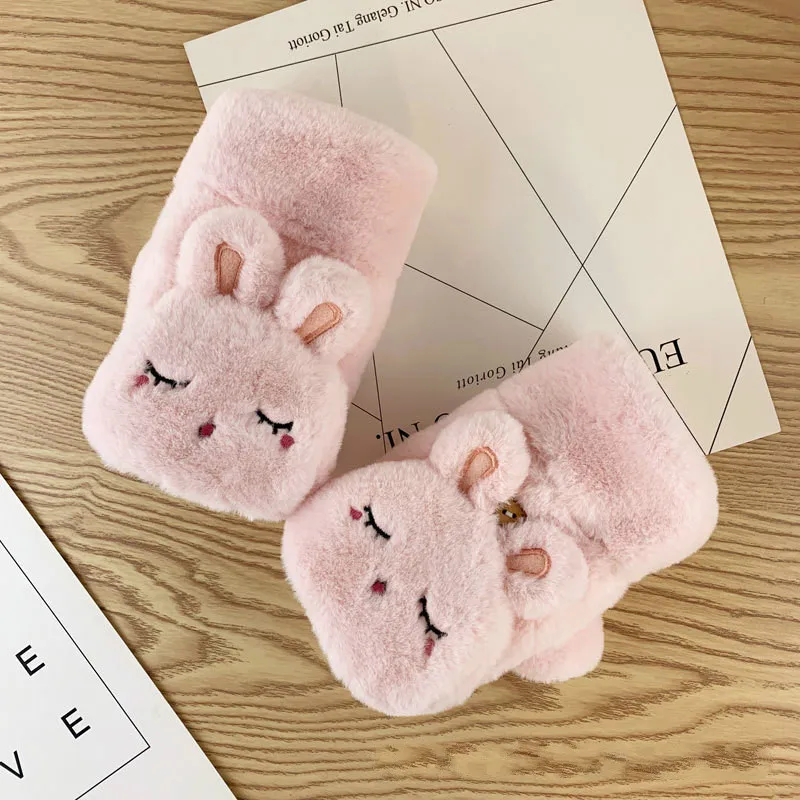 Pink Перчатки из кролика женские зимние студенческие меховые Утепленные перчатки без пальцев зимние женские перчатки варежки для девочек - Цвет: Pink