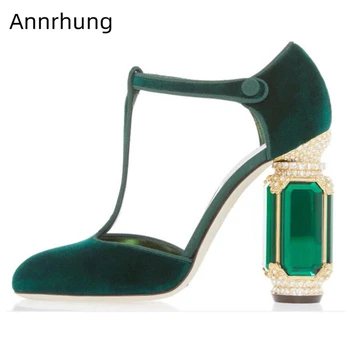 

Quality Jeweled Diamond Heel Banquet Shoes Woman Sexy Cut Outs T-strap Round Toe Velvet Rhinestone High Heel Women Pumps