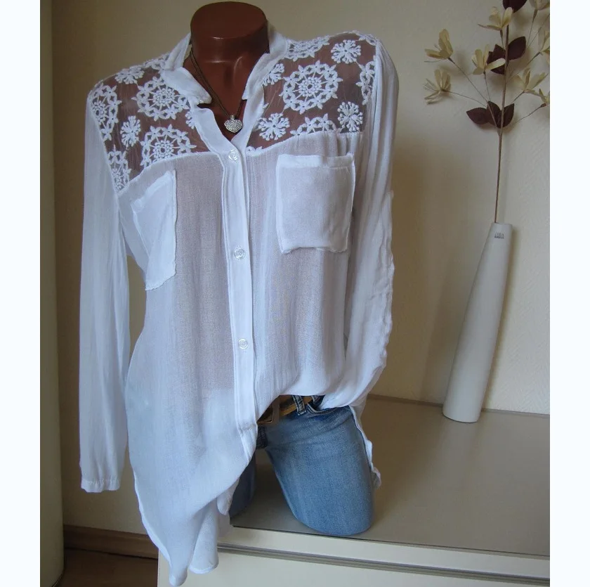 Blusas Mujer De Moda 2019 Blouse Women Plus Size 5XL Lace Patchwork Sexy White Black Long Sleeve Shirt Top Women Blouses Summer7