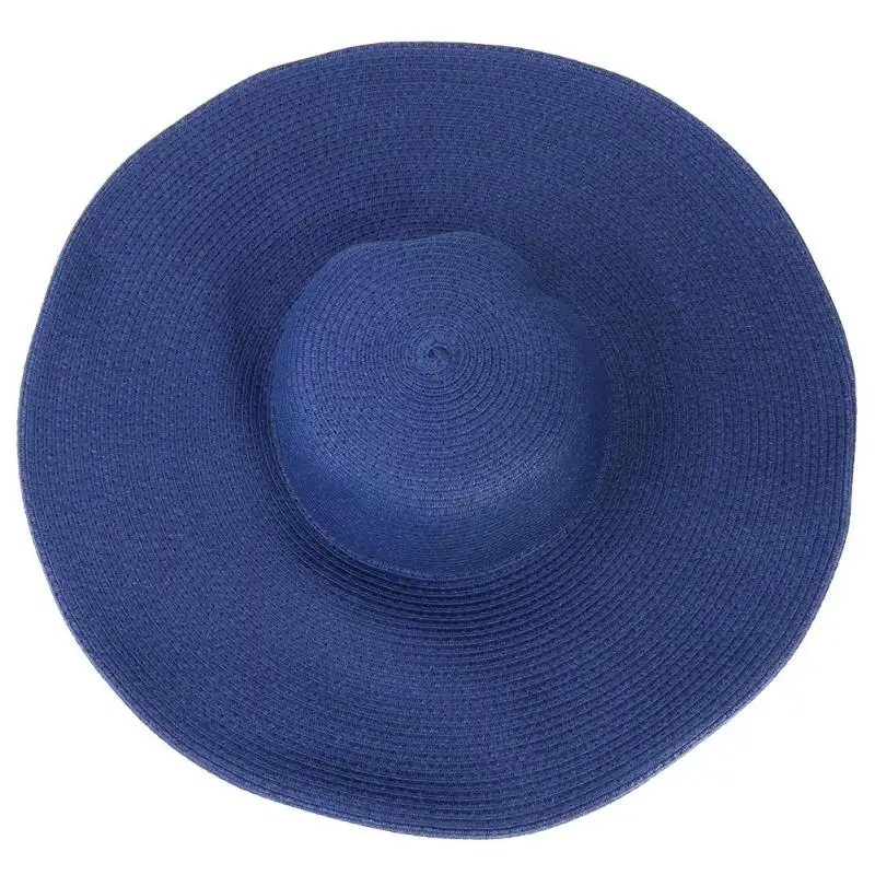 Women Straw Knitted Hat Summer Sun Protection Wide Brim Bucket Cap Women Girl Beach Foldable Visor Panama Hat Dropshipping - Цвет: Navy Blue