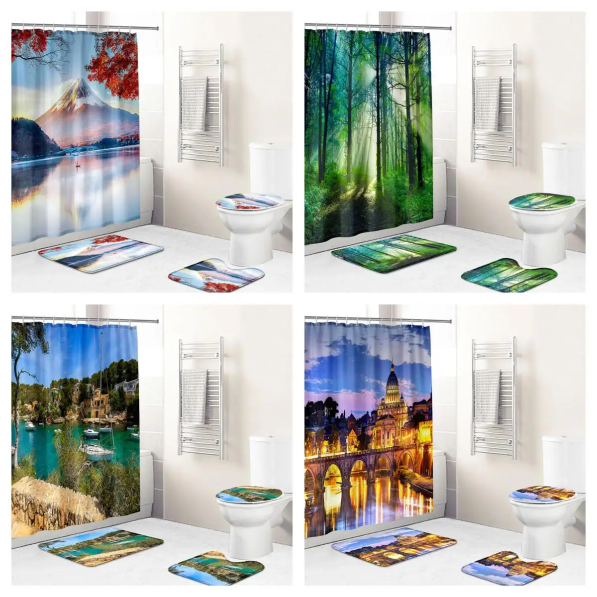 3Drealistic Natural City Landscape Waterproof Fabric Bathroom Curtain Shower Cover Non Slip Carpet Toilet Bath Mat | Дом и сад