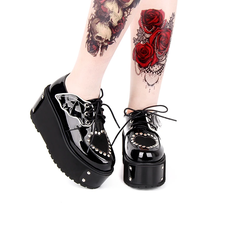 Обувь в японском стиле Харадзюку, готика, панк, Лолита; сезон осень-зима; обувь для девочек на толстом каблуке и платформе; обувь на шнуровке