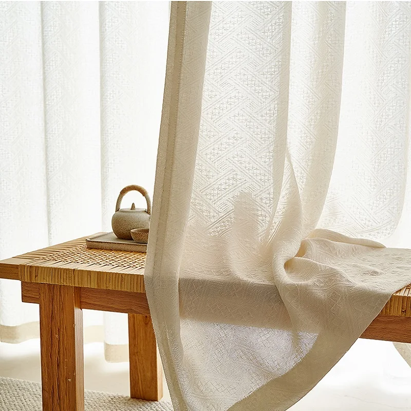 Japanese style cotton linen curtain geometric rhombic lattice curtain bedroom living room cotton linen jacquard custom  curtain