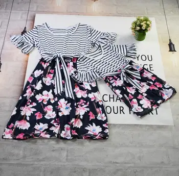 

2020 Mom and me British Plaid Printed Lotus Leaf Sleeve Mid-Waist Bandage Parent-child One-piece Dress Skirt