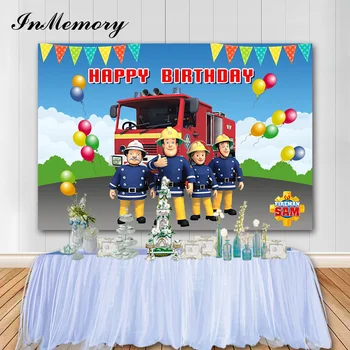 

InMemory Fireman Sam Theme Birthday Background Custom Kids 1st Birthday Photography Backdrop Vinyl Banner Cake Table Decoration