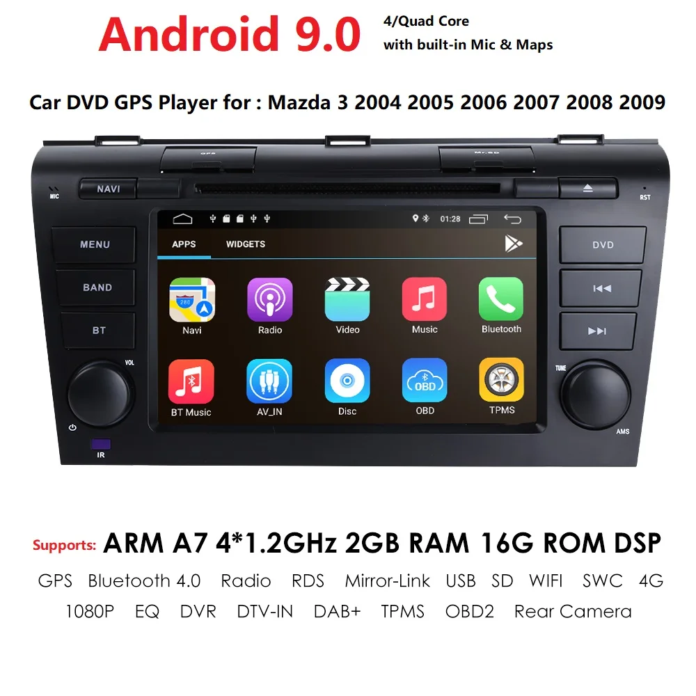 Android 9,0 подходит для мазда3 2004-2009 автомобильный монитор dvd-плеер навигация gps радио 2DIN 1024*600 четырехъядерный RDS 4G wifi BT CANBUS SWC