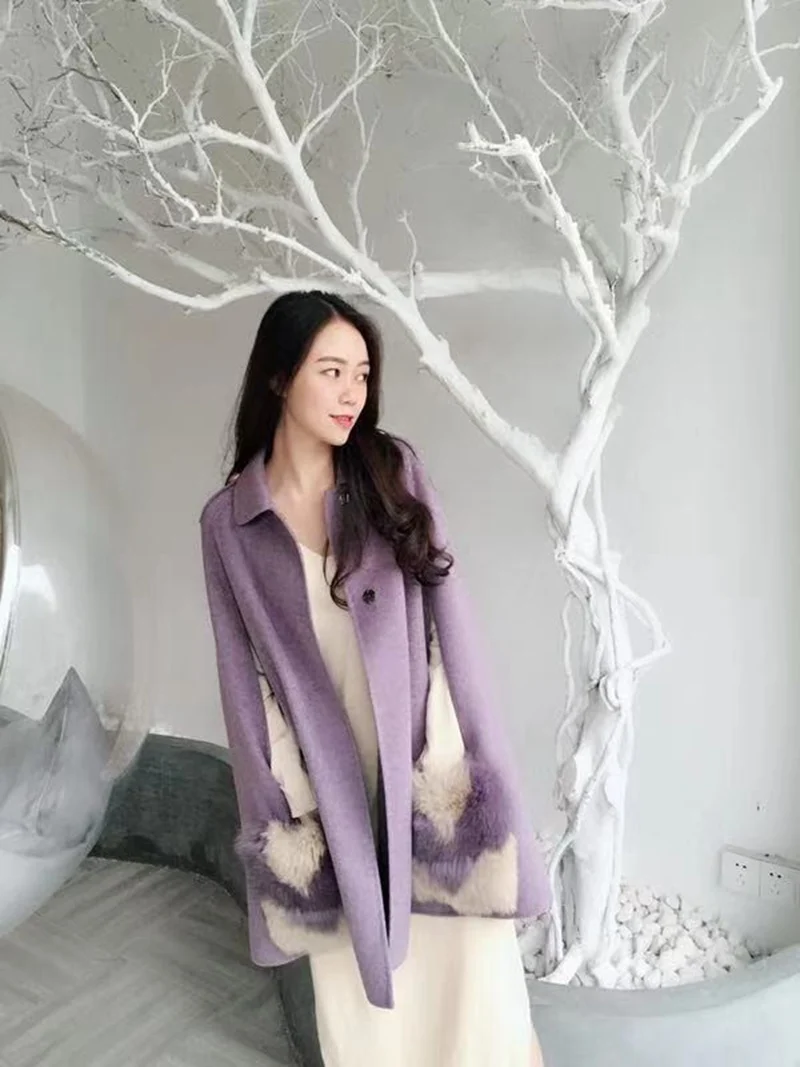 purple Натуральный мех пальто зимняя куртка женская куртка шерстяное свободное пончо шаль пальто натуральный Лисий Мех карман шерстяной плащ без рукавов верхняя одежда - Color: purple