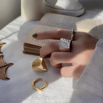 

925 Sterling Silver Normcore Style Irregular Meteorite Lava Ring Ins Simple Gold Adjustable Ring Female