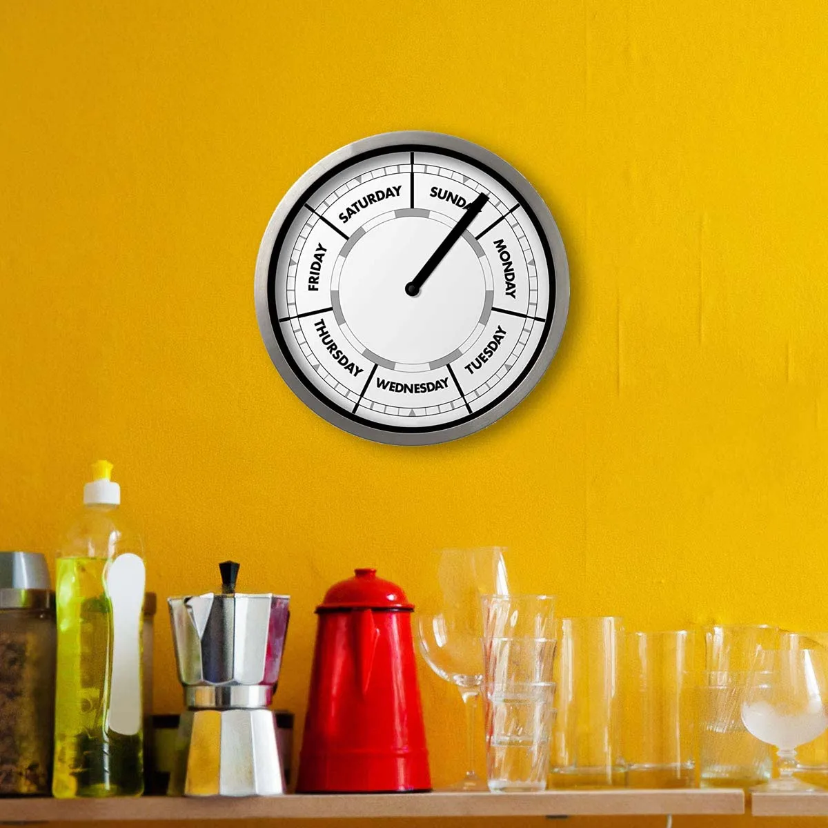 Classic Day-of-The-Week Wall Clock with Solid Aluminum-Round Frame – Weekly Clock with Noon & Midnight Markers – Quiet - 4