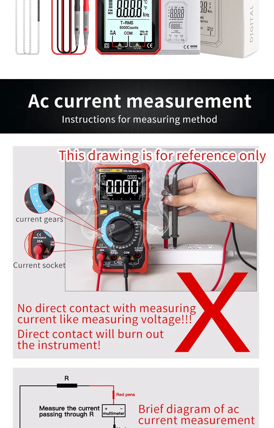 ANENG 620A Digital Smart Multimeter Transistor Testers 6000 Counts True RMS Auto Electrical Capacitance Meter Temp Resistance