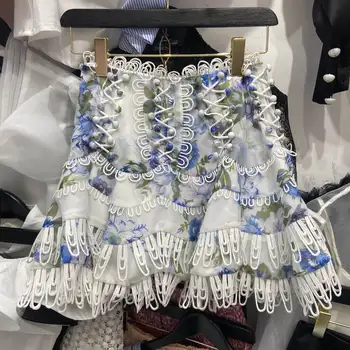 

2020 New Fashion Heavy Industry Cutout Lace Stitching Printing High Waist Floral Skirt Lady Retro Lace-up Short Skirts