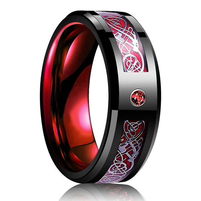 Men's 8mm Black Tungsten Wedding Celtic Dragon Ring Inlaid Red Zircon Punk Stainless Steel Red Carbon Fibre Ring For Men