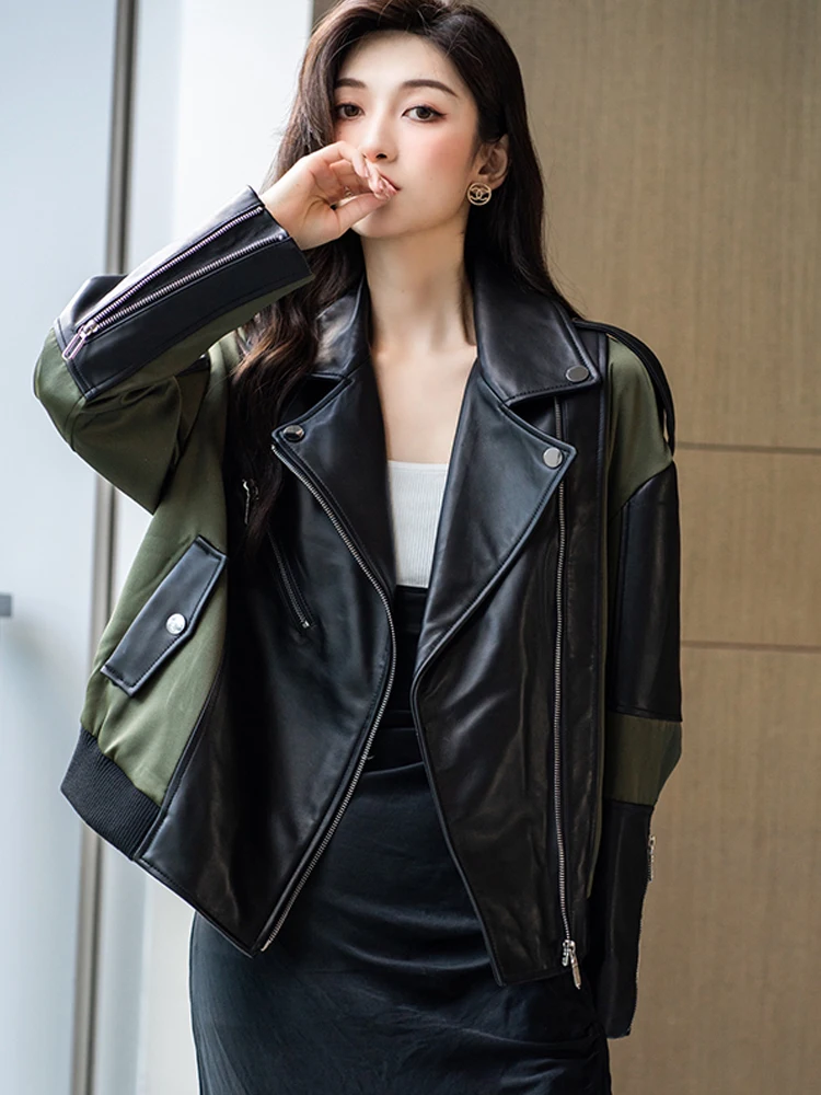 Women\'s Winter Sheepskin Coat Green Black White Splicing  Leather Jackets Coat Autumn loose Locomotive Women Jacket Coats