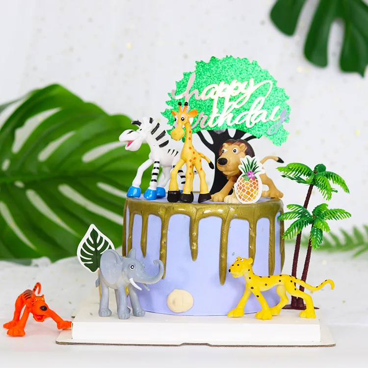 

6Pcs/set Giraffe Lion Elephant Tiger Animal Cartoon Birthday Cake Topper Decoration Happy Birthday Party Supplies Baby Children