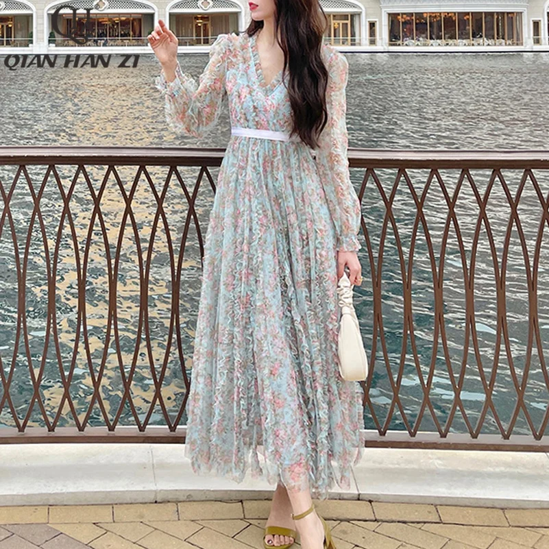 

Qian Han Zi summer designer high-end custom runway Maxi dress Women long sleeves Mesh print Fungus Elegant fashion Long dress