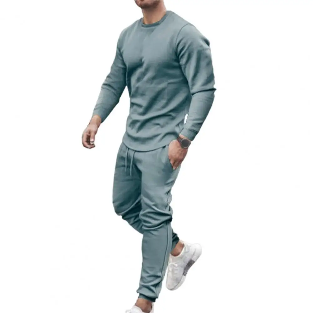 

Spring men's tracksuit Solid Color O Neck Slim Mid Waist Tops Suit Casual Pants Sweatsuit set jogging homme chandals hombre