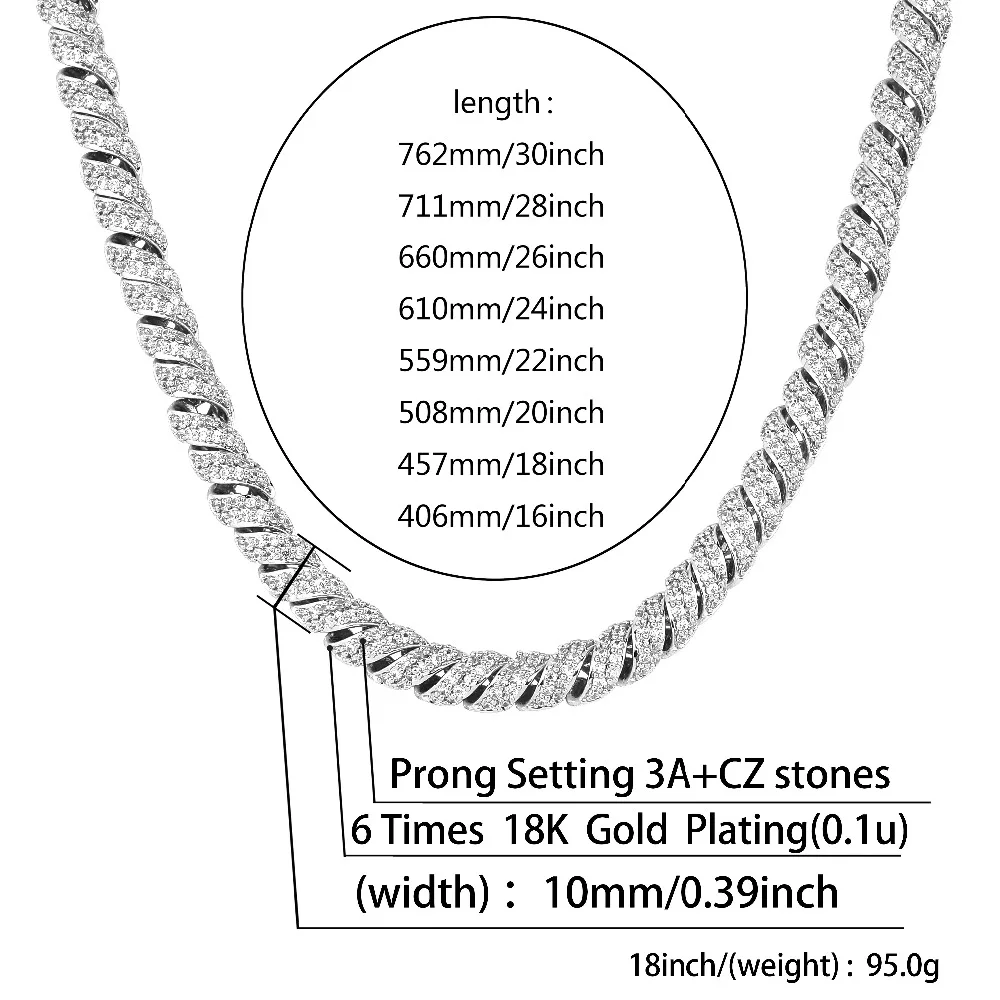 JINAO, новая мода, 10 мм, золото, серебро, цвет, колоннар, пряжка, твист, цепь, покрытая льдом, кубический циркон, кубинские звенья, мужское ожерелье
