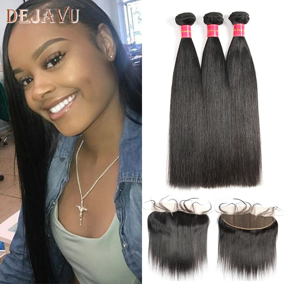 

Brazilian Straight Human Hair 3 Bundles With Frontal Brazilian hair Lace Frontal Closure With Bundles Dejavu Non Remy Hair