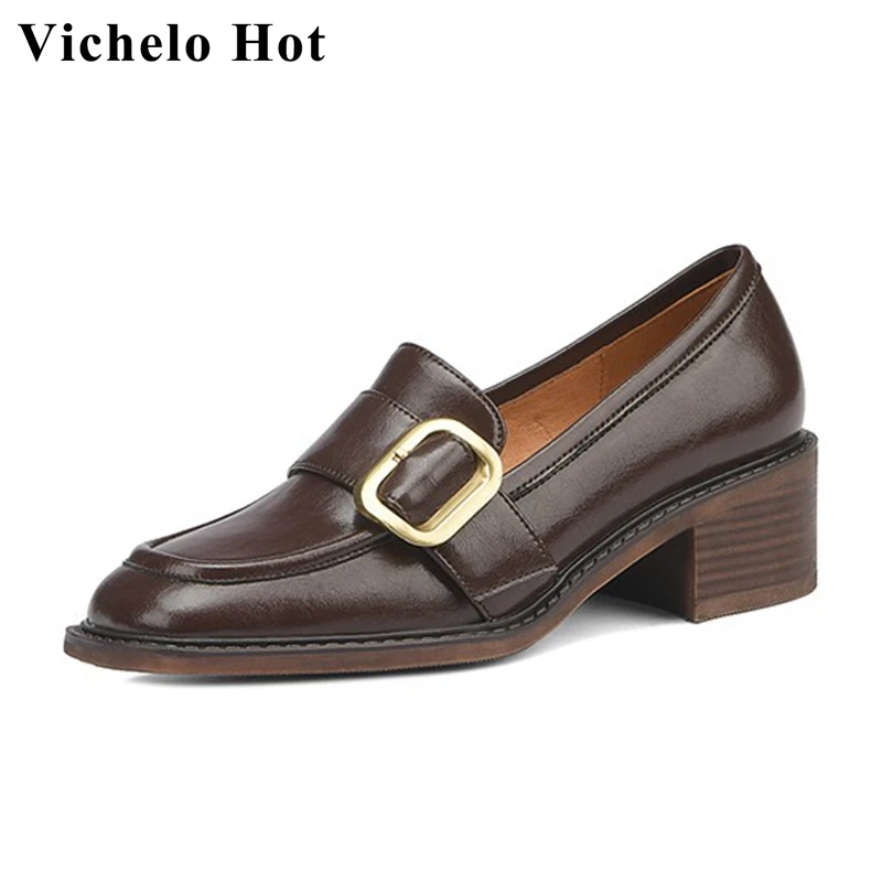 

Vichelo Hot 2022 spring vintage loafers comfort cow split leather square toe belt buckle med heels beauty lady classic pumps l13