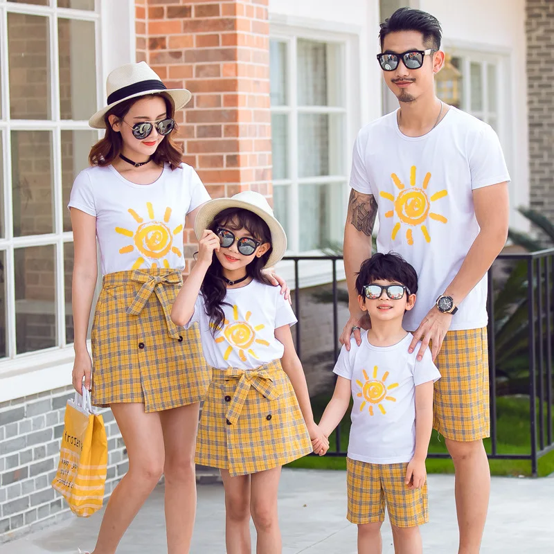 Sun Pattern Round Neck Family Fitted Summer 2019 New Cotton Short Sleeve T-shirt Mother-Daughter a Family of Four Full