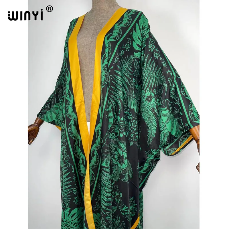 WINYI 2021 Oversized Beach Kimono With Sashes Bohemian Vintage Slim Sexy Long Cardigan Women Big Sleeve sukienka Fringe Cover-Up
