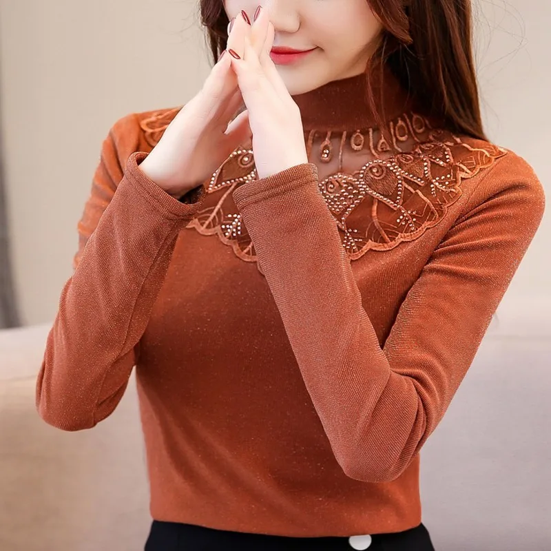 

Lace Blouse 2019 Elegant Womens Tops And Blouses Autumn Winter Casual Plus Velvet Long Sleeve Bottoming Shirts Blusa Feminina