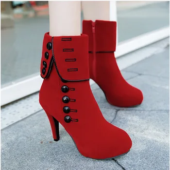 

35-43 large size suede row button high heel boots red women's boots