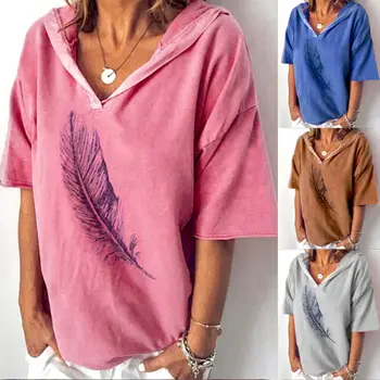 

2019 Summer Ladies Feather Printing Short Sleeve Hooded Hoodies Tops Fashion Women Casual Loose Pullover Hooded Tee Tops