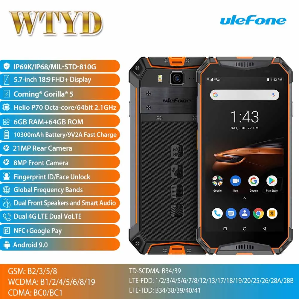 

Ulefone Armor 3W 10300mAh Big battery IP68 Waterproof 4G Mobile Phone 5.7'' 6GB 64GB Octa Core Android 9.0 Face ID Smartphone