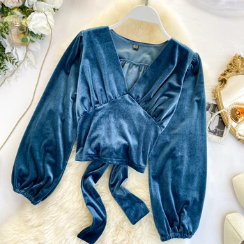 

Retro Velvet Short Tops Women V Neck Long Sleeve Korean Fashion Clothing Blosue Shirts