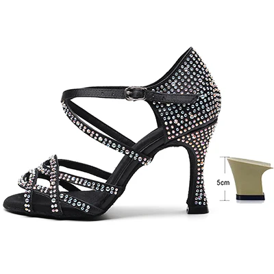 Женская танцевальная обувь для сальсы и латино; черные танцевальные туфли со стразами для девочек; обувь для танцев на высоком каблуке; обувь для вечеринки и свадьбы; женская танцевальная обувь - Цвет: black-5cm
