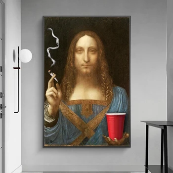 Salvator Mundi Smoking with Da Vinci Painting Printed on Canvas 3