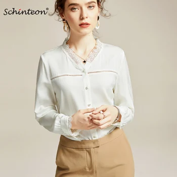 

2020 Schinteon Women 100% Real Silk Shirt V-Neck Collar Lace Spliced Office Lady Solid Color Elegant Blouse Hollow Out