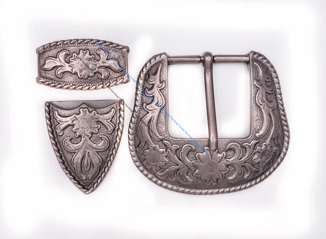 Western Belt Buckle 3 Piece Set Antiqued Silver