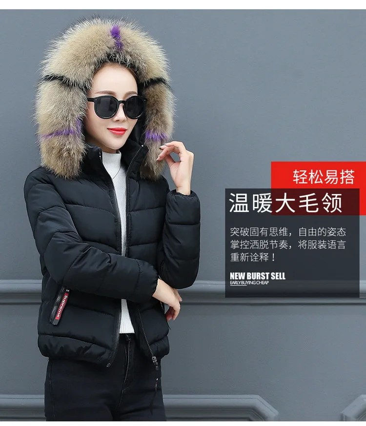 Korean-style Short Cotton-padded Clothes Women's Winter Korean-style Fashion Large Fur Collar Cotton Coat Large Size Warm Cotton