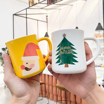 

Cute Cartoon Christmas Tree Straight Cup with Handle Simple Milk Breakfast Ceramic Mug Home Office Coffee Mug for Christmas Gift