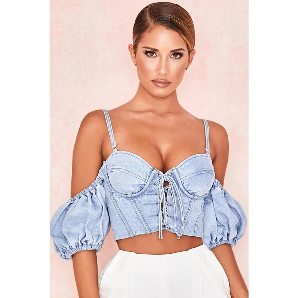 Women Denim Crop Top Strap Streetwear Sexy Lace Up Slim Lady Bralette Tops Vest Camisole Women Camis Blsusas