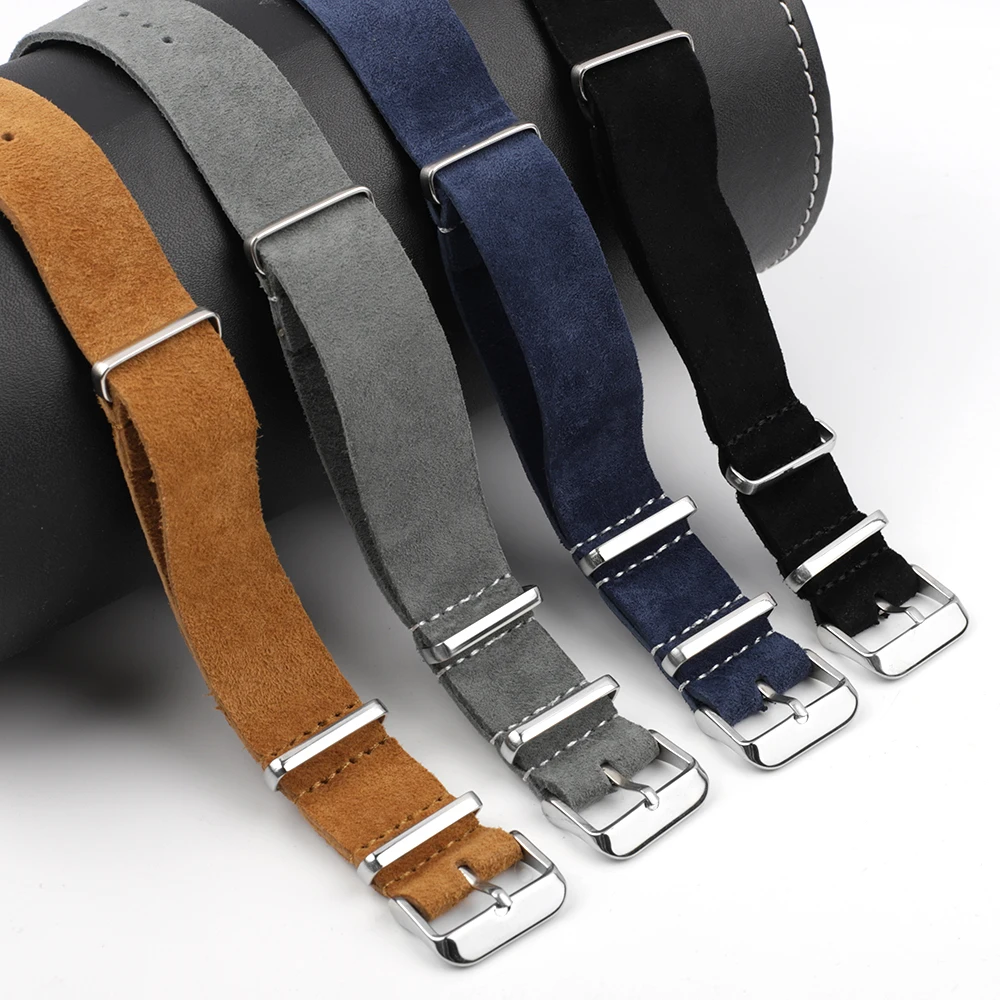 Premium Genuine Suede Leather Strap with Stainless Steel Buckle - Men's Sport Watch Band
