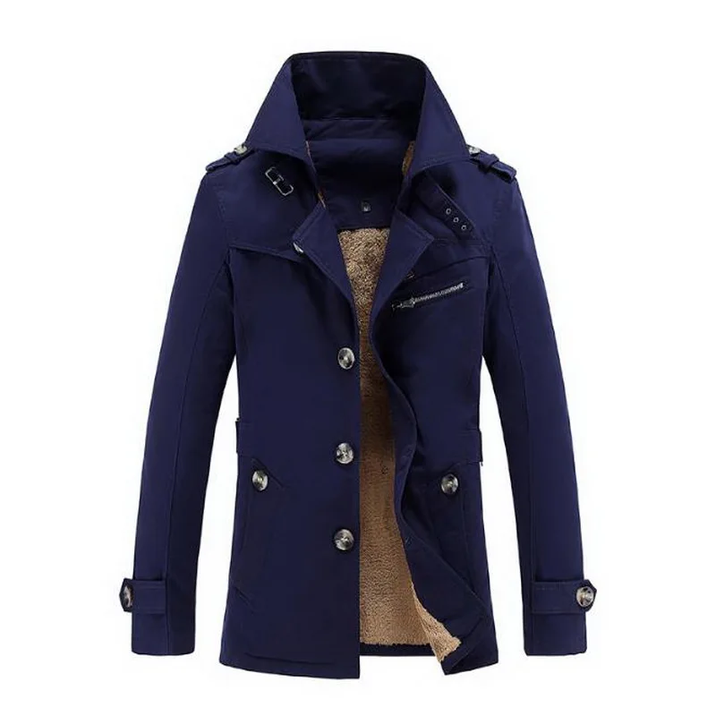 Флисовая теплая зимняя куртка для мужчин размера плюс, утолщенная Повседневная куртка с отложным воротником, уличная одежда цвета хаки, Тренч, верхняя одежда, куртка - Цвет: Тёмно-синий