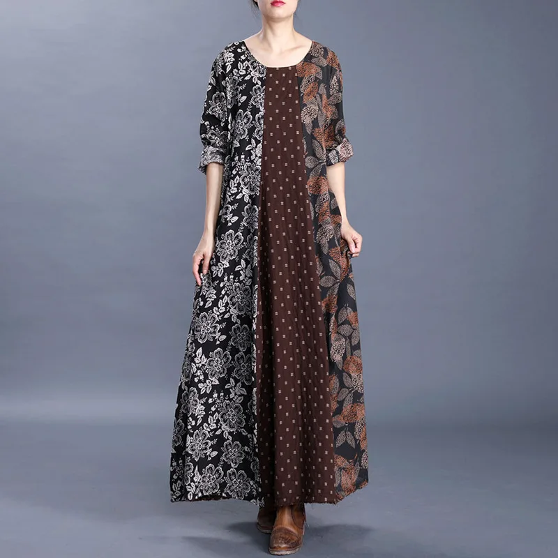 Johnature Chinese Style Cotton Linen Women Dresses 2020 Spring O-Neck Long Sleeve Print Floral Loose Vintage Robes Casual Dress | Женская