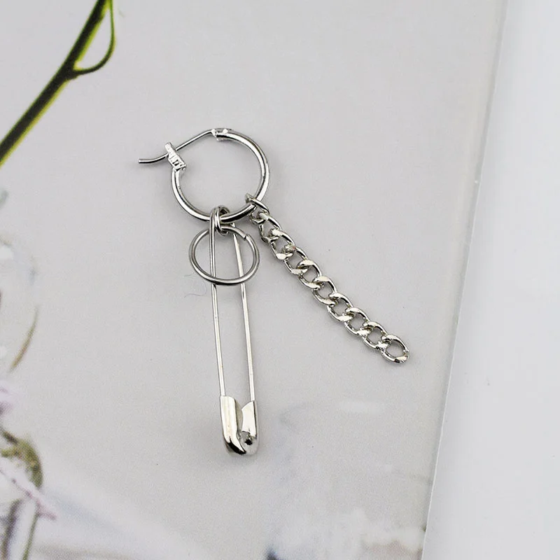 Punk Rock Pin Bead Chain Earring Unisex Long Pendant Ear Bone Clip Earrings 1PC dangle earrings,chain ear clips,pendant earrings,long earrings
