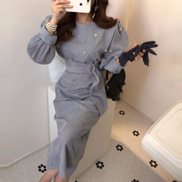 2020 Spring New Women Casual Retro Corduroy belt Dress Female Vintage Elegant Party Lace Up Chic Dresses | Женская одежда