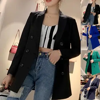 

2019 Winter Women Double Breasted Blazer Coat Office Lady Slim Jackets Solid Color Long Sleeve Lapel Collar Blazer Jacket Femme