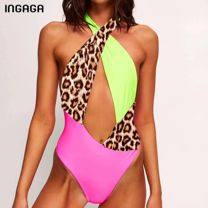 

INGAGA Leopard One Piece Swimsuit Patchwork Swimwear Women Halter Swimsuits Backless Bathing Suit Women Cut Out Bodysuit 2019